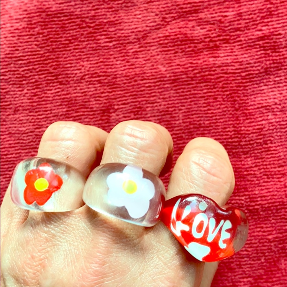 Set 3 glass flower LOVE rings New BLESSED for LOVE